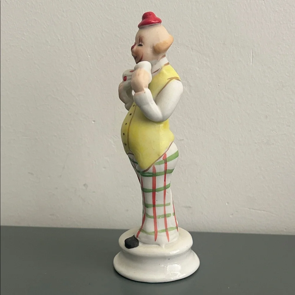 Vintage Ceramic Clown Figurine in Yellow, White & Red